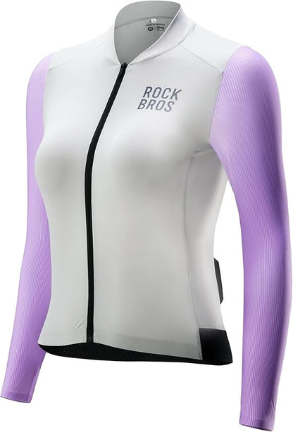 ROCKBROS Radtrikot Damen Langarm Fahrradtrikot Sommer Fahrrad Jacke Radsporttrikot Rennrad Trikot mit 3 Rückentaschen MTB Fahrradkleidung Atmungsaktiv