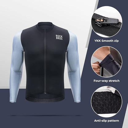 ROCKBROS Langarm Radtrikot Herren Fahrradtrikot Atmungsaktive Schnell Trocknend Fahrradbekleidung Reißverschluss mit 3 Taschen T Shirt für Männer Rennrad MTB Europäische Größe