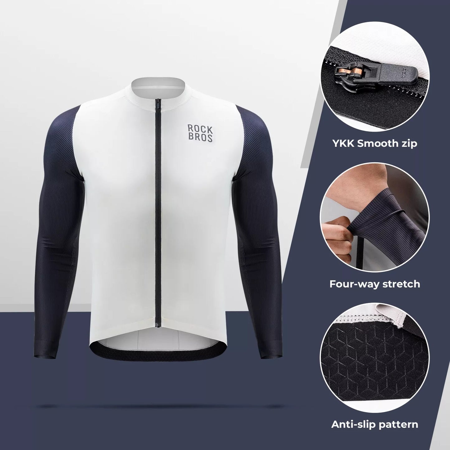 ROCKBROS Langarm Radtrikot Herren Fahrradtrikot Atmungsaktive Schnell Trocknend Fahrradbekleidung Reißverschluss mit 3 Taschen T Shirt für Männer Rennrad MTB Europäische Größe