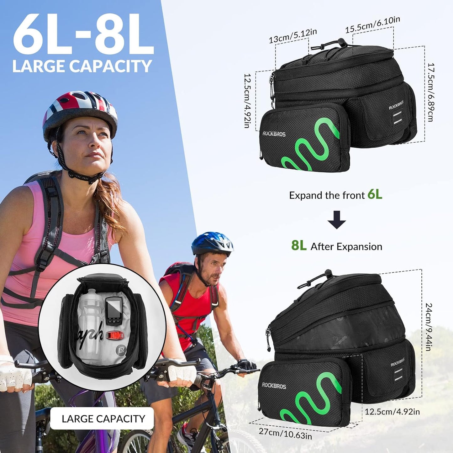 ROCKBROS Gepäckträgertasche Fahrrad Satteltasche Schnellspanner Erweiterbar 6/8L