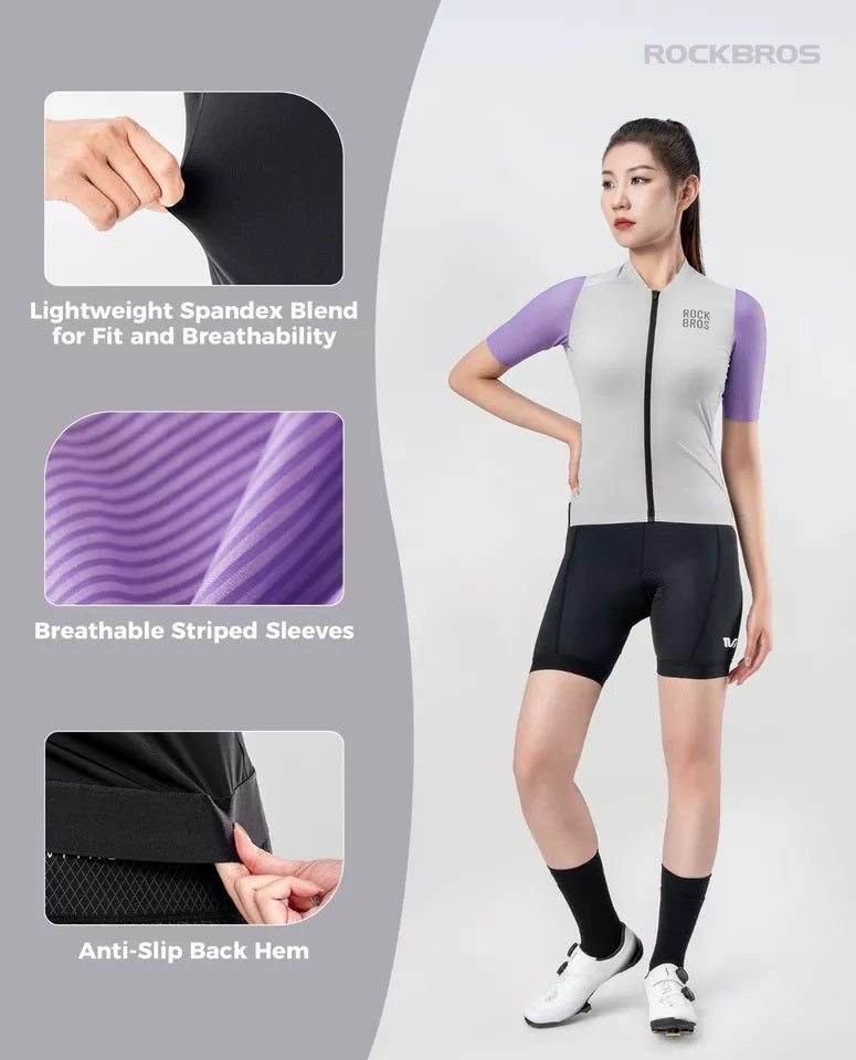 ROCKBROS Radtrikot Damen Kurzarm Fahrradtrikot Sommer Fahrrad Jacke Radsporttrikot Rennrad Trikot mit 3 Rückentaschen MTB Fahrradkleidung Atmungsaktiv