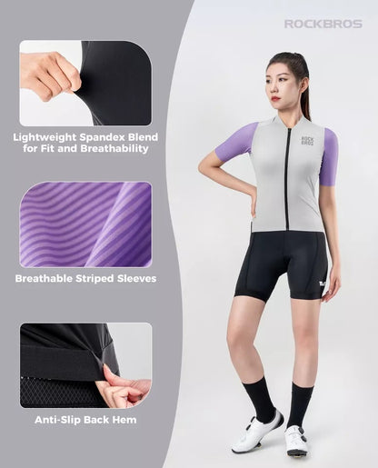 ROCKBROS Radtrikot Damen Kurzarm Fahrradtrikot Sommer Fahrrad Jacke Radsporttrikot Rennrad Trikot mit 3 Rückentaschen MTB Fahrradkleidung Atmungsaktiv