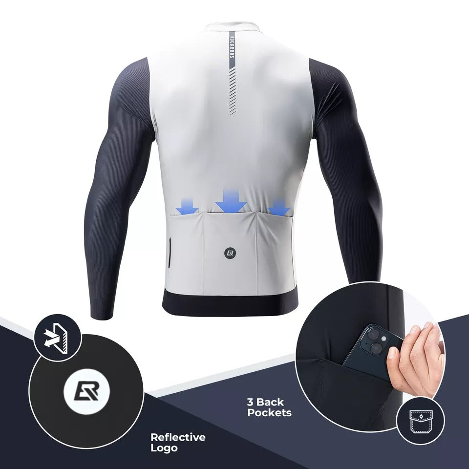 ROCKBROS Langarm Radtrikot Herren Fahrradtrikot Atmungsaktive Schnell Trocknend Fahrradbekleidung Reißverschluss mit 3 Taschen T Shirt für Männer Rennrad MTB Europäische Größe