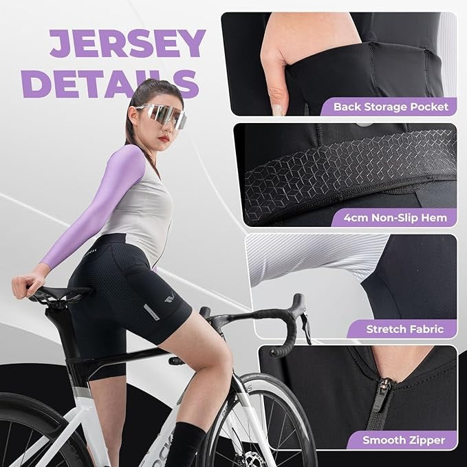 ROCKBROS Radtrikot Damen Langarm Fahrradtrikot Sommer Fahrrad Jacke Radsporttrikot Rennrad Trikot mit 3 Rückentaschen MTB Fahrradkleidung Atmungsaktiv