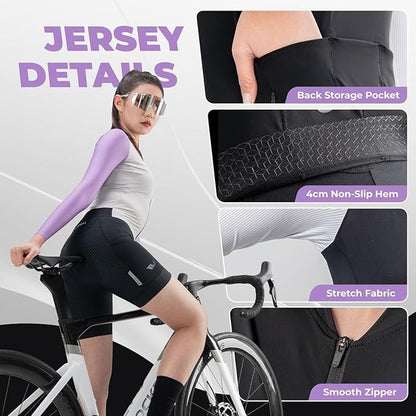 ROCKBROS Radtrikot Damen Langarm Fahrradtrikot Sommer Fahrrad Jacke Radsporttrikot Rennrad Trikot mit 3 Rückentaschen MTB Fahrradkleidung Atmungsaktiv