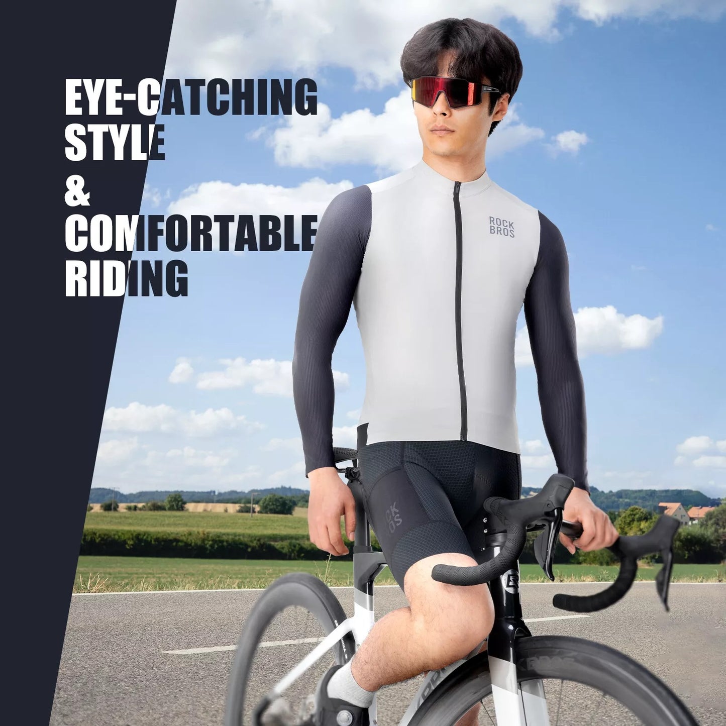 ROCKBROS Langarm Radtrikot Herren Fahrradtrikot Atmungsaktive Schnell Trocknend Fahrradbekleidung Reißverschluss mit 3 Taschen T Shirt für Männer Rennrad MTB Europäische Größe
