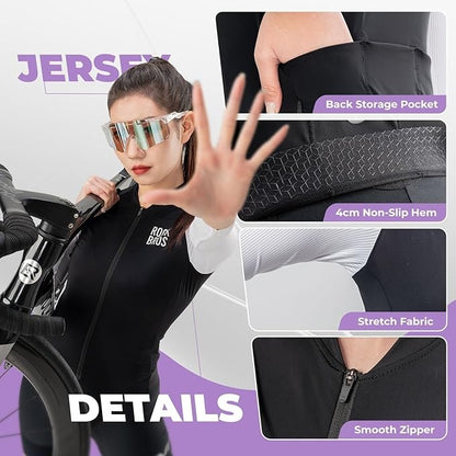 ROCKBROS Radtrikot Damen Langarm Fahrradtrikot Sommer Fahrrad Jacke Radsporttrikot Rennrad Trikot mit 3 Rückentaschen MTB Fahrradkleidung Atmungsaktiv