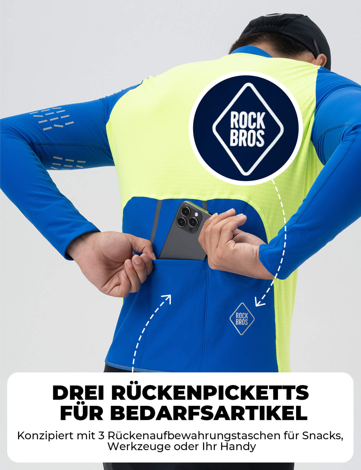 ROCKBROS Fahrradtrikot Langarm Herren Winter Warm Fleece Radtrikot Atmungsaktiv Elastisch Mit 3 Taschen und Reflektierend