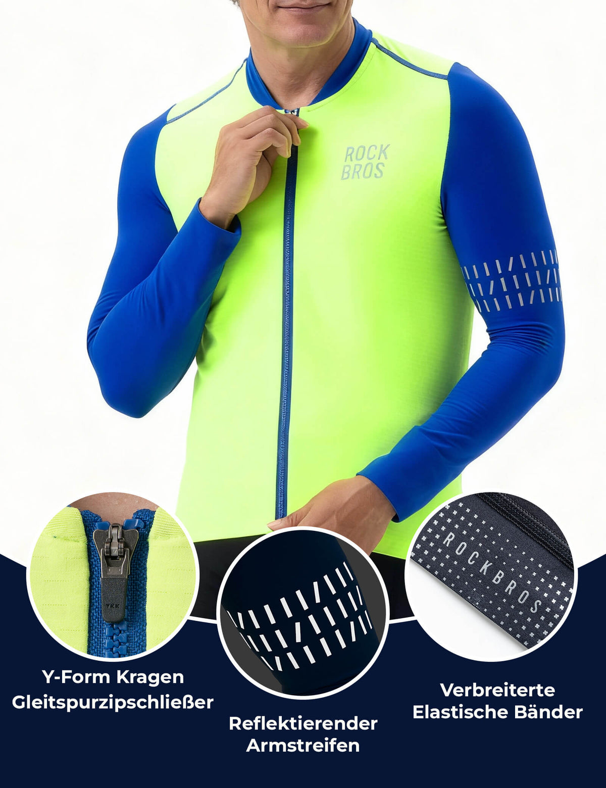 ROCKBROS Fahrradtrikot Langarm Herren Winter Warm Fleece Radtrikot Atmungsaktiv Elastisch Mit 3 Taschen und Reflektierend
