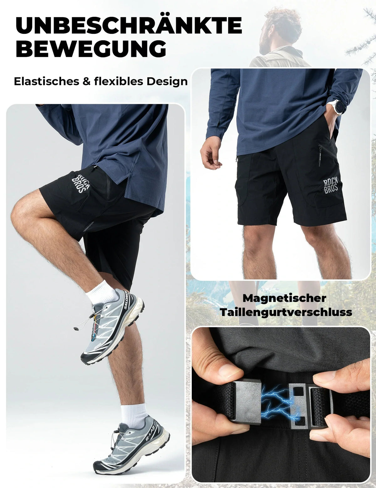 ROCKBROS Herren Sport Shorts Fahrradhose  - Magnetischer Taillengurt, 4-Taschen-Design