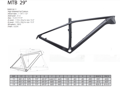 RINOS T800 Carbon Fahrradrahmen für MTB Hardtail Leicht