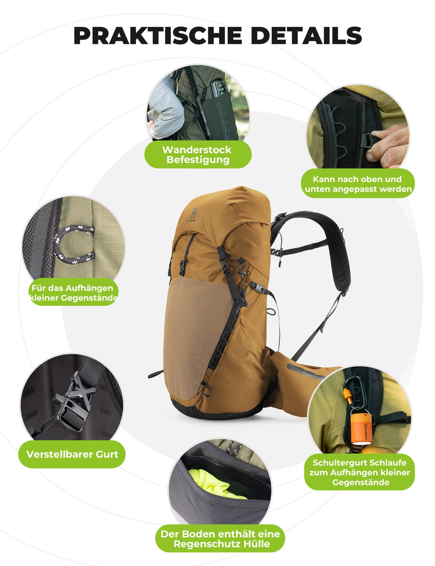 25L Wanderrucksack atmungsaktiv - mit abnehmbarer Tasche & Seitenzugang Qunature