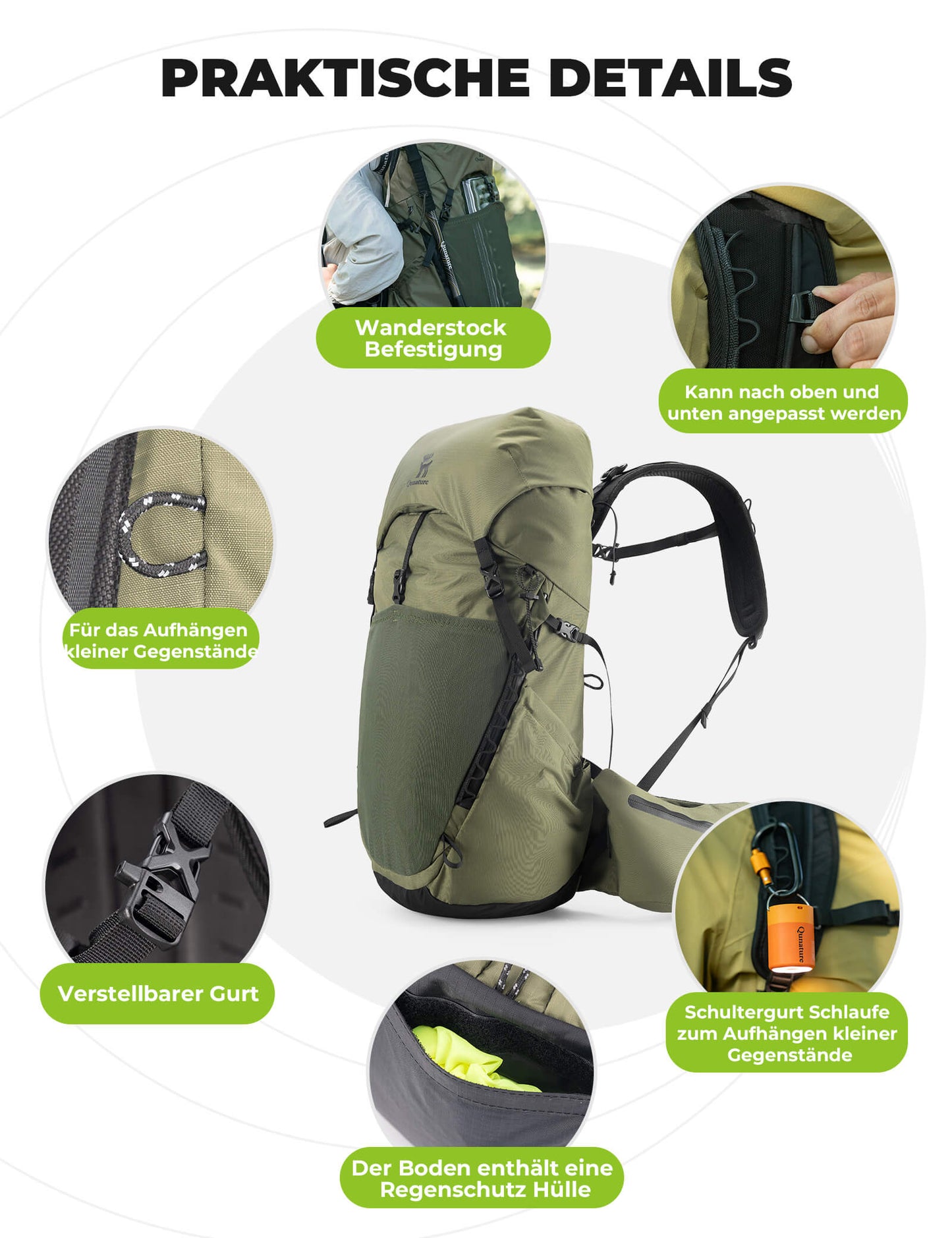 25L Wanderrucksack atmungsaktiv - mit abnehmbarer Tasche & Seitenzugang Qunature