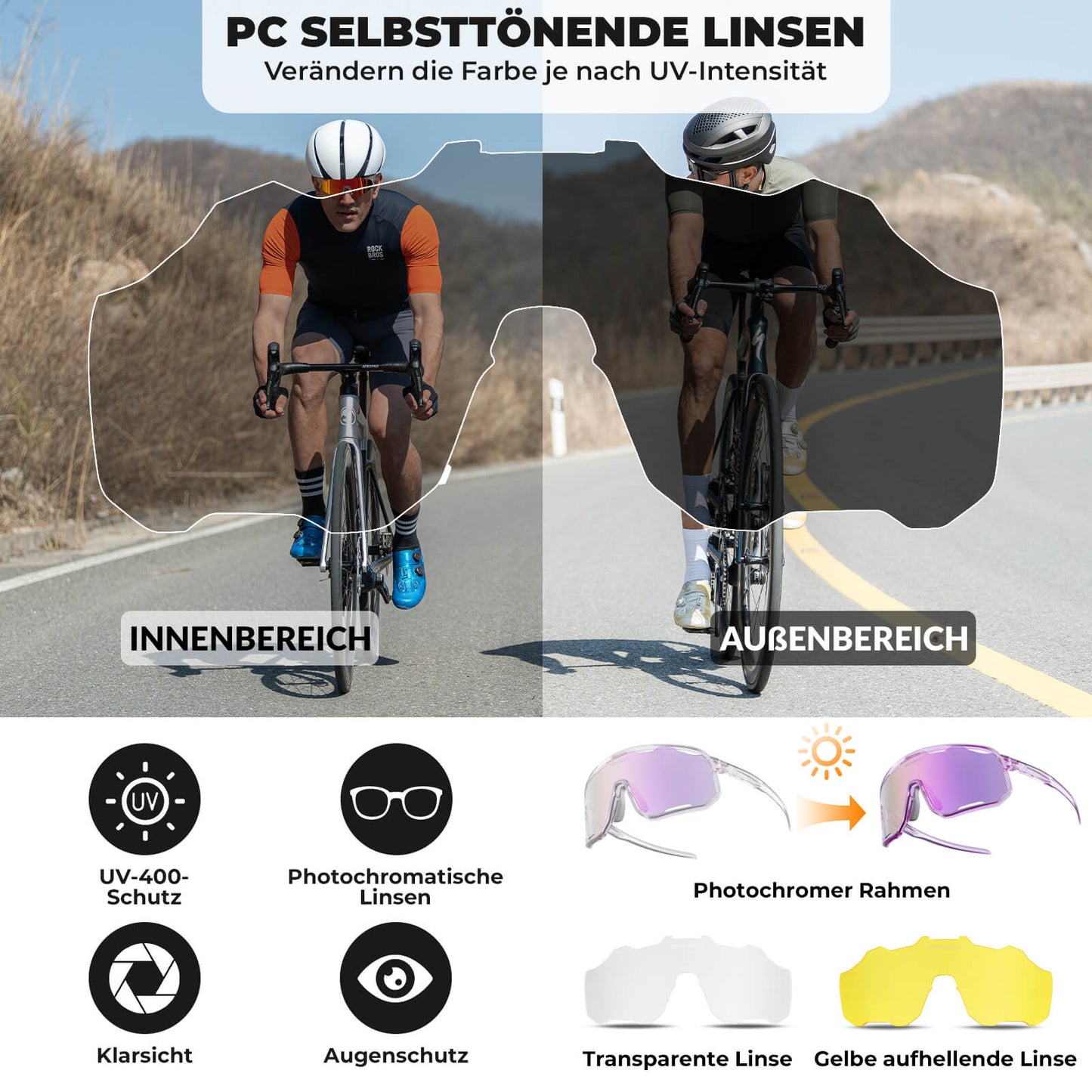 Fahrradbrille Selbsttönende Sonnenbrille UV-Schutz Wechsel-Nasenpads Damen/Herren ROCKBROS