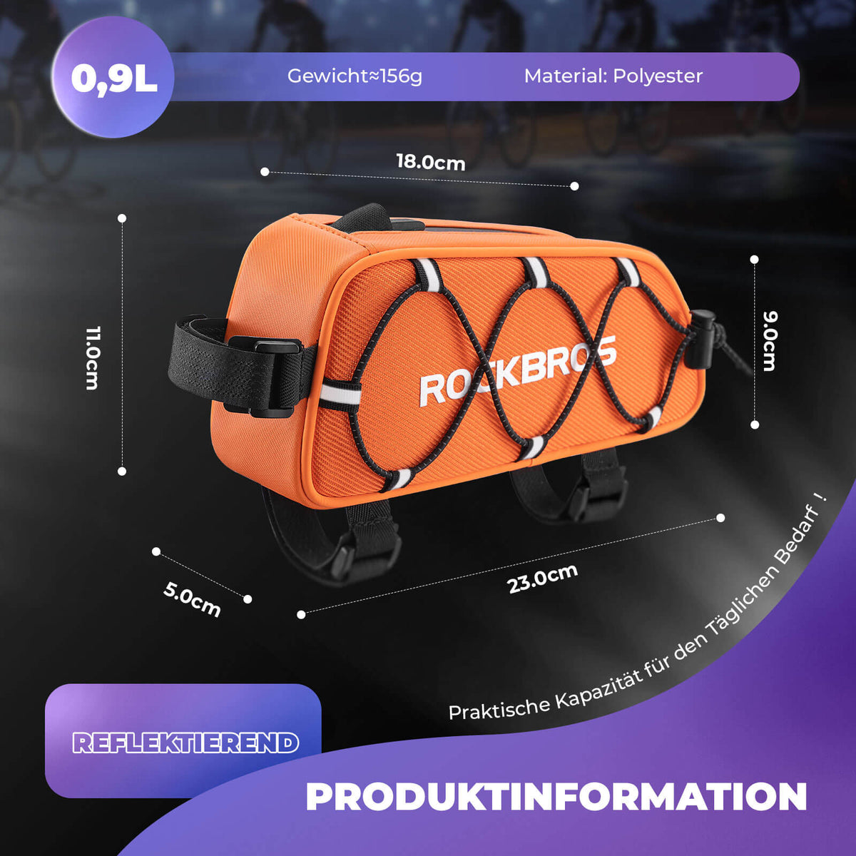 ROCKBROS Oberrohrtasche 1 L Vollständig Reflektierend Weiß/Orange