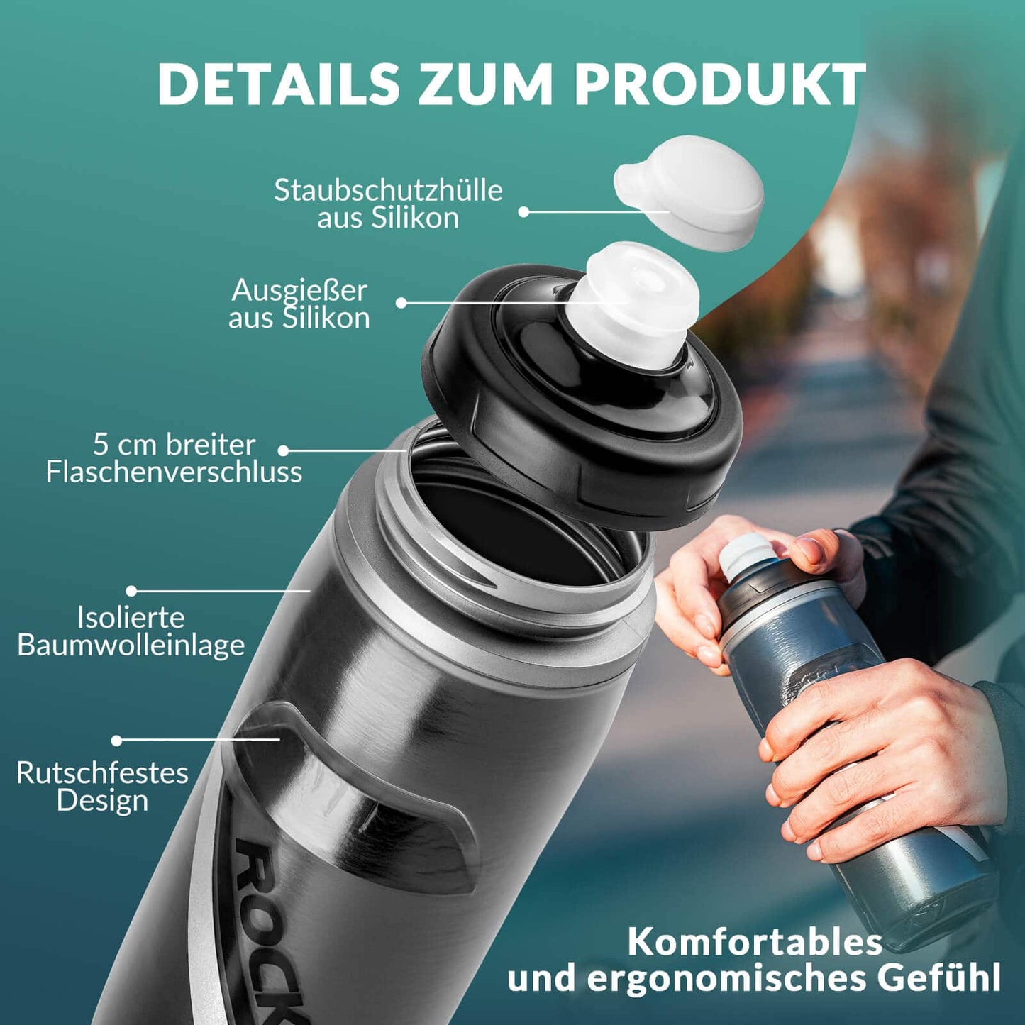 Fahrradflasche 620 ml Sportflasche mit 5 Stunden Kühlhaltefunktion ROCKBROS