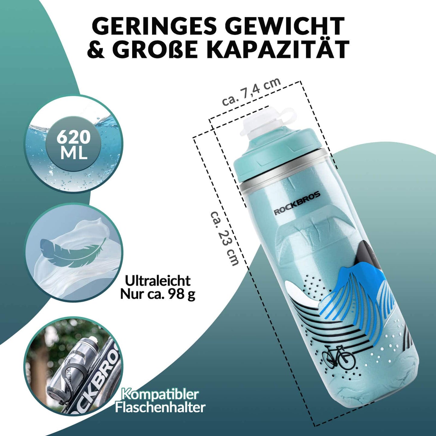 Fahrradflasche 620 ml Sportflasche mit 5 Stunden Kühlhaltefunktion ROCKBROS