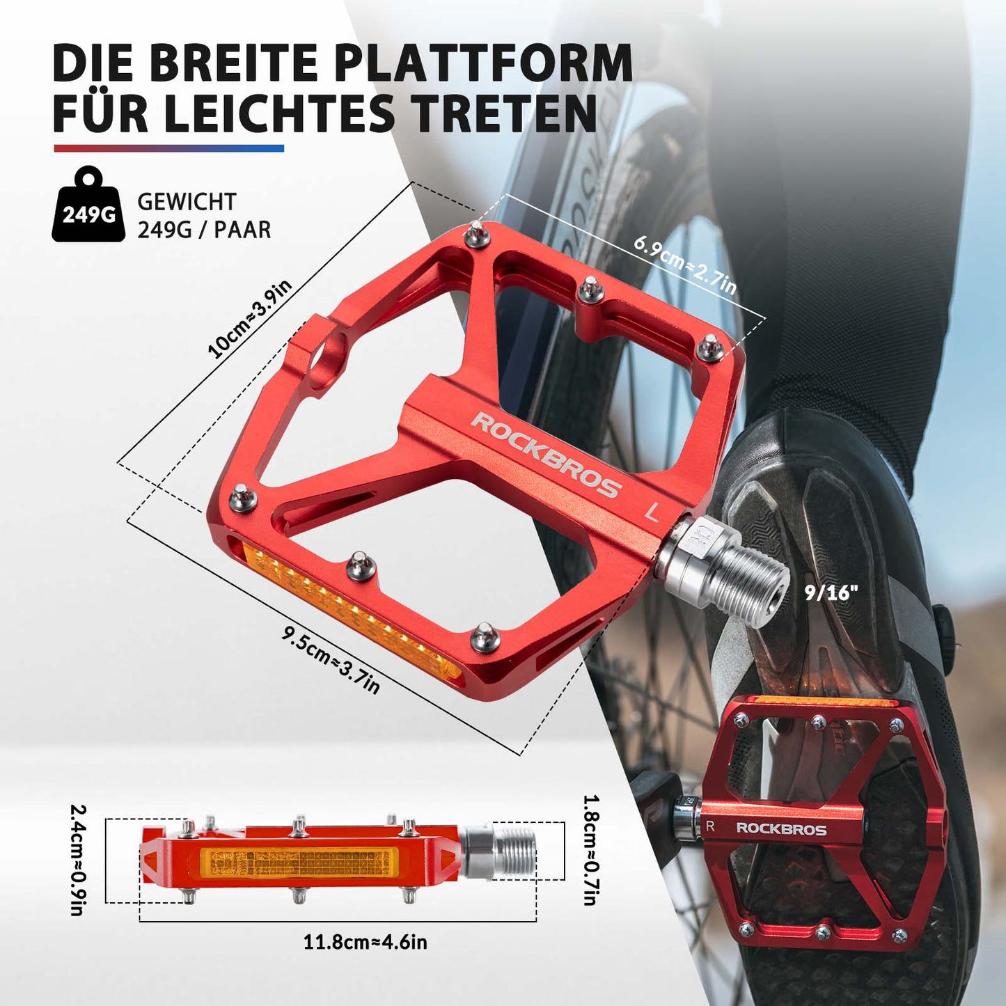 Fahrradpedale mit Reflektoren aus Aluminiumlegierung 9/16 Zoll ROCKBROS