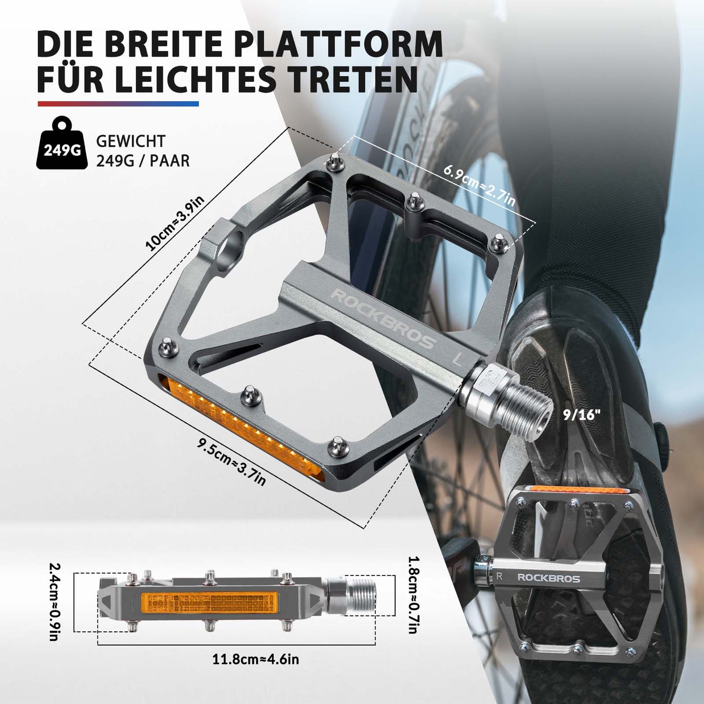 Fahrradpedale mit Reflektoren aus Aluminiumlegierung 9/16 Zoll ROCKBROS