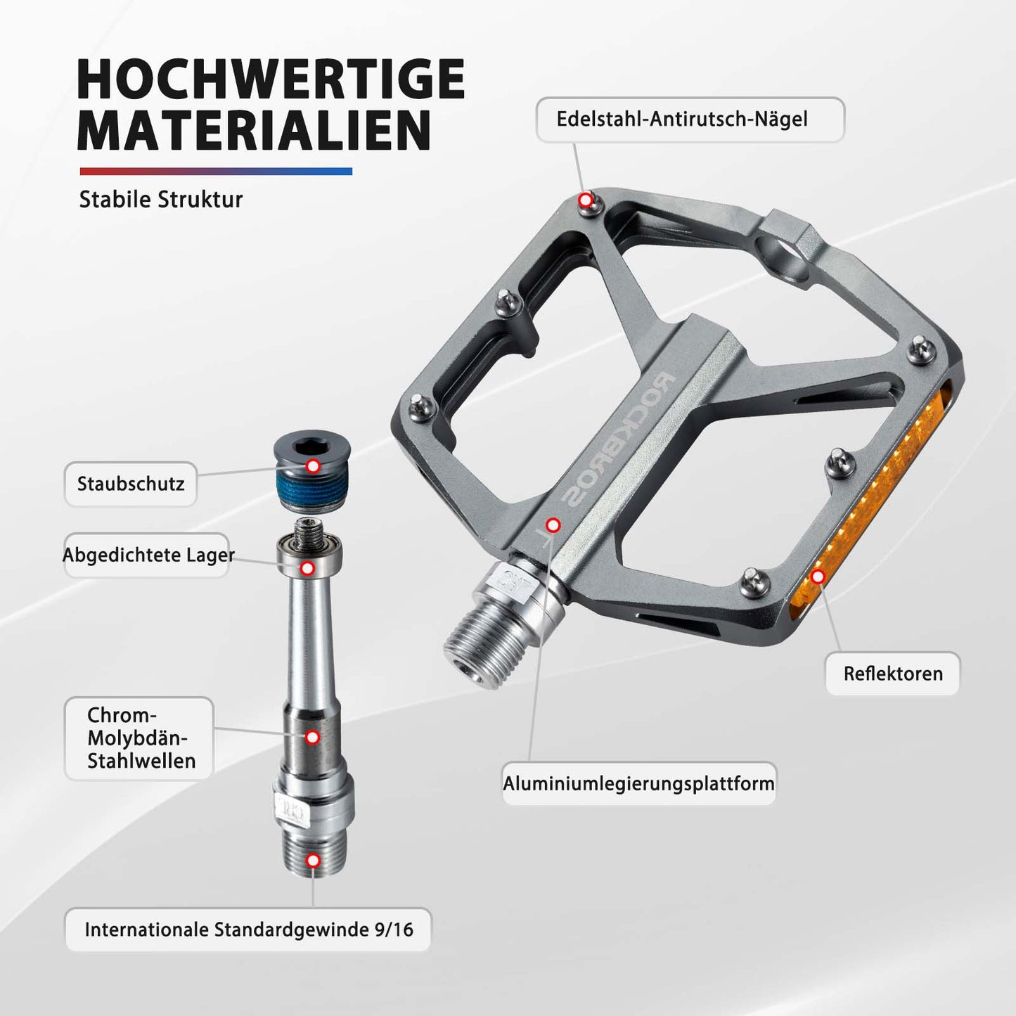 Fahrradpedale mit Reflektoren aus Aluminiumlegierung 9/16 Zoll ROCKBROS