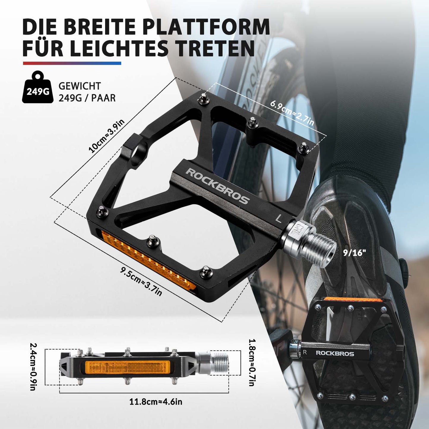 Fahrradpedale mit Reflektoren aus Aluminiumlegierung 9/16 Zoll ROCKBROS