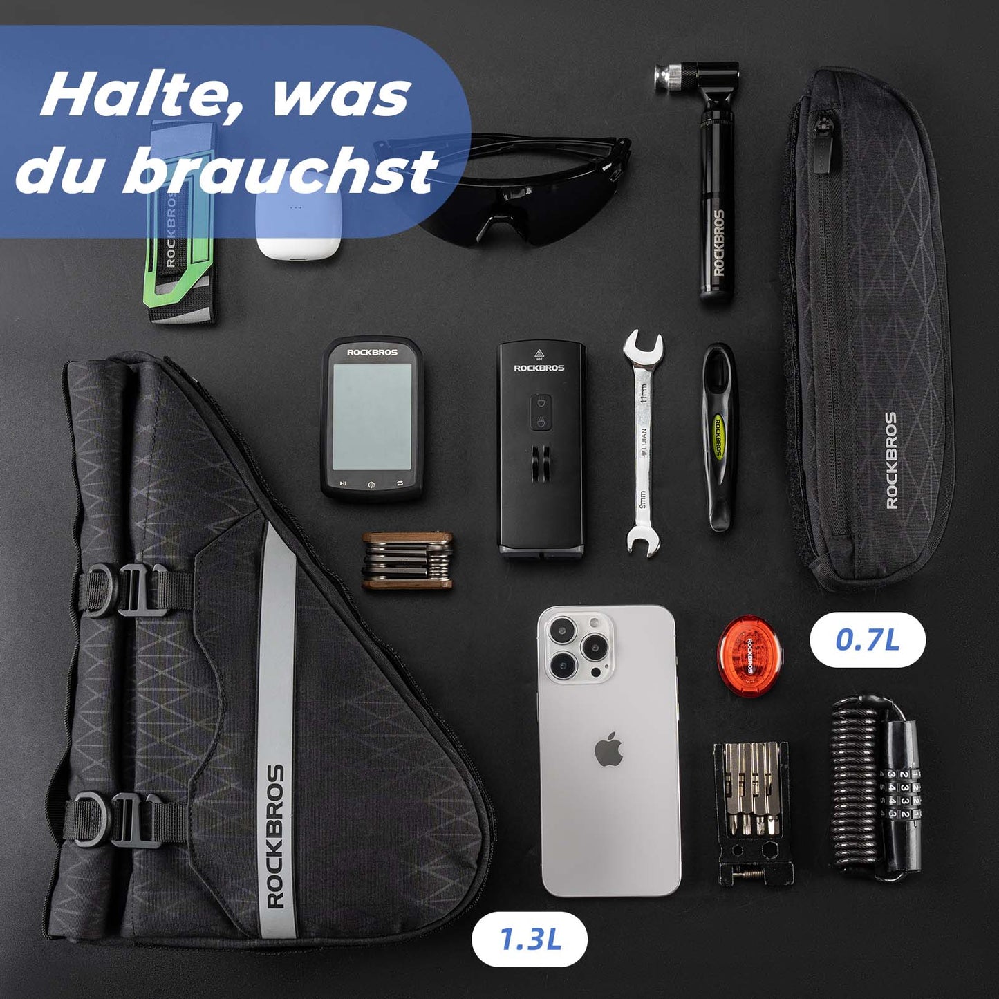 Fahrradtasche Set 2-in-1 Abnehmbare Rahmentasche 1,3 L+0,7 L Schwarz ROCKBROS