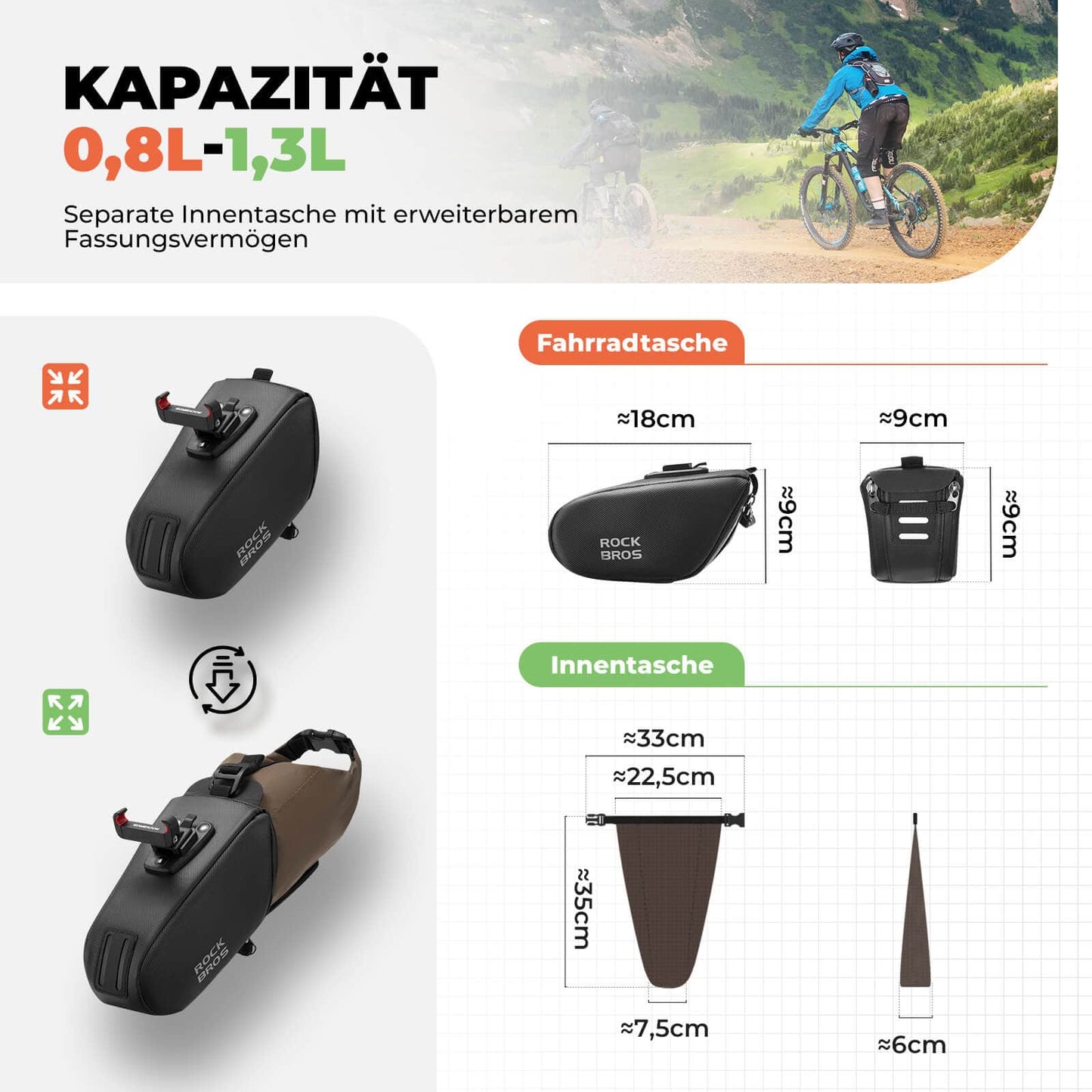 Satteltasche Wasserdichte Fahrradtasche Erweiterbar mit Innentasche ROCKBROS