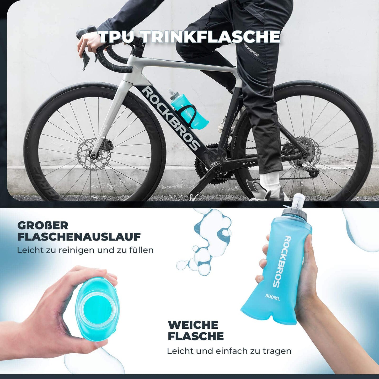 Trinkflasche Faltbare Wasserflasche 500ml für Laufen Wandern Radfahren ROCKBROS