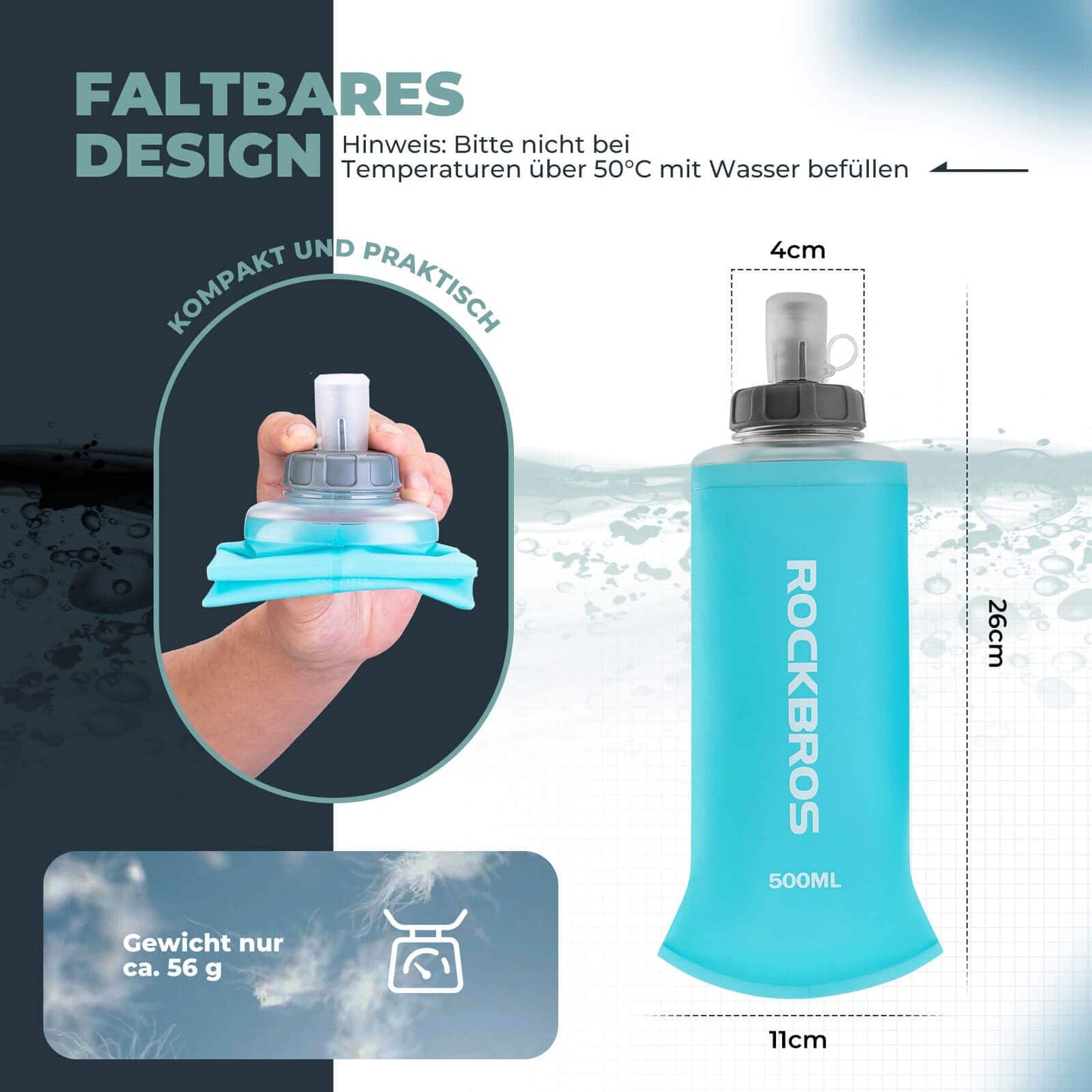 Trinkflasche Faltbare Wasserflasche 500ml für Laufen Wandern Radfahren ROCKBROS