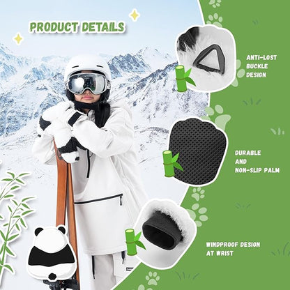 Qunature Skihandschuhe Panda-Design Handschuhe für Kinder von 4–12 Jahren Warme Thermo Winddichte Fleece-Handschuhe ideal für Winteraktivitäten wie Skifahren Snowboarden Eislaufen