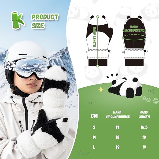 Qunature Skihandschuhe Panda-Design Handschuhe für Kinder von 4–12 Jahren Warme Thermo Winddichte Fleece-Handschuhe ideal für Winteraktivitäten wie Skifahren Snowboarden Eislaufen