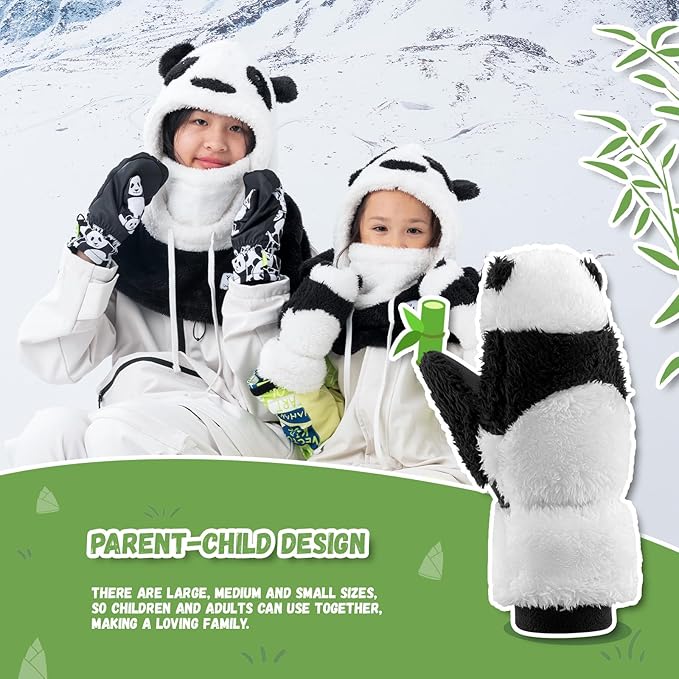 Qunature Skihandschuhe Panda-Design Handschuhe für Kinder von 4–12 Jahren Warme Thermo Winddichte Fleece-Handschuhe ideal für Winteraktivitäten wie Skifahren Snowboarden Eislaufen