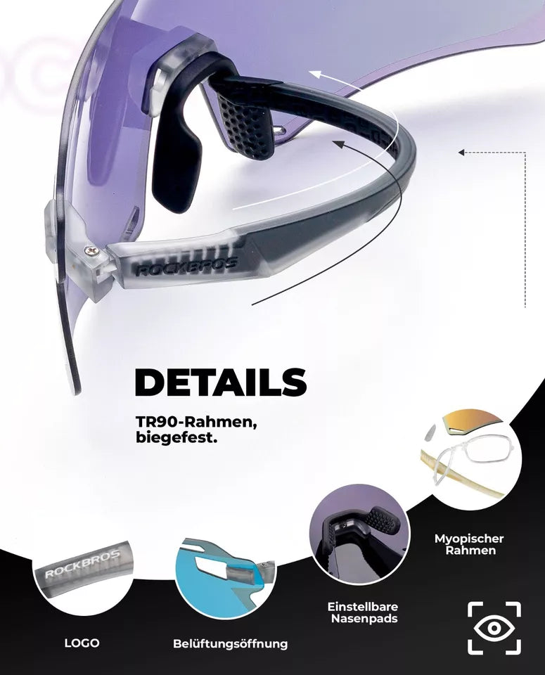 ROCKBROS Fahrradbrille HD-Gläser Brille Leicht Bequem mit Myopie Rahmen Rennrad